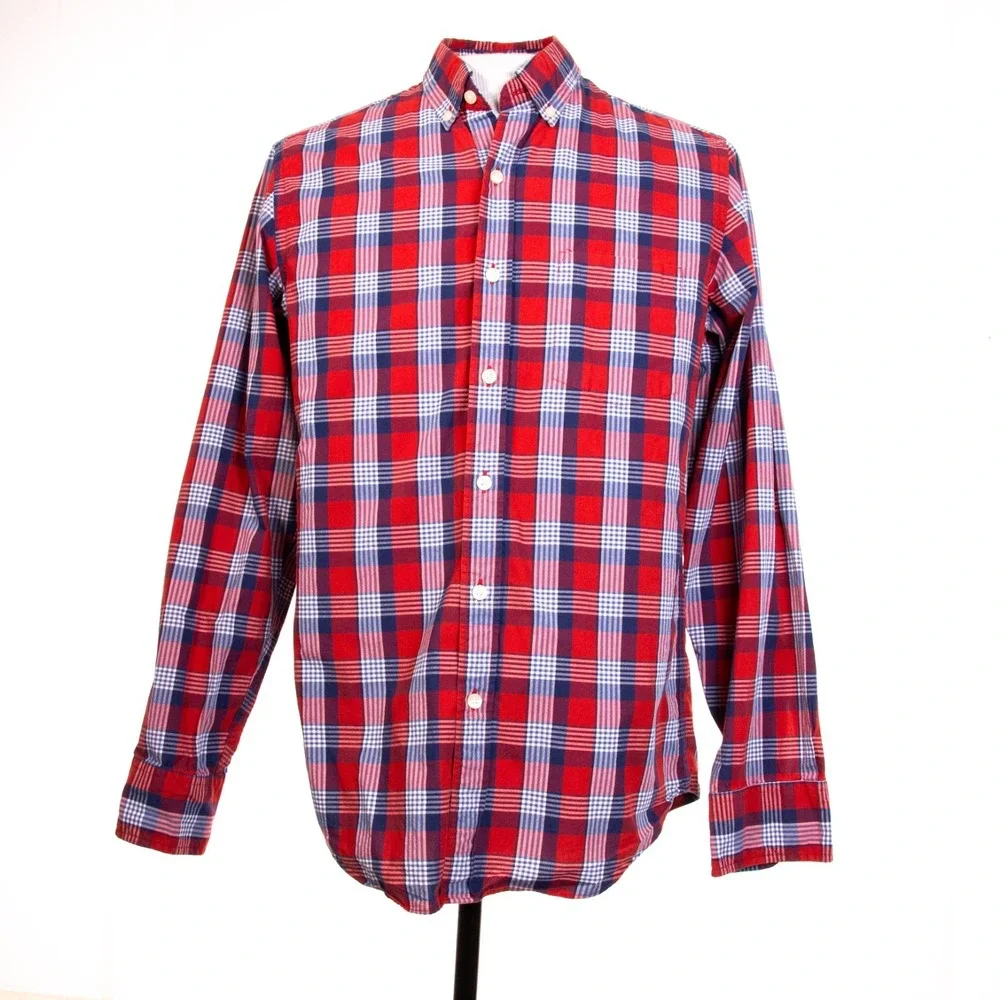 J Crew Mens sz S Red Blue‎ Multicolor Plaid Check LS Button Front Shirt
